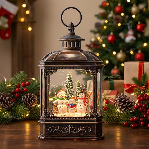Christmas Snow Globe Lantern Water Glittering Snowman Family with Music & Timer