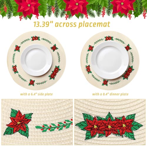 4Pcs Round Christmas Flower Placemats Embroidered Xmas Poinsettia Place Mats Decorative Dinner Table Mats for Holiday Party Decor (4 Count)
