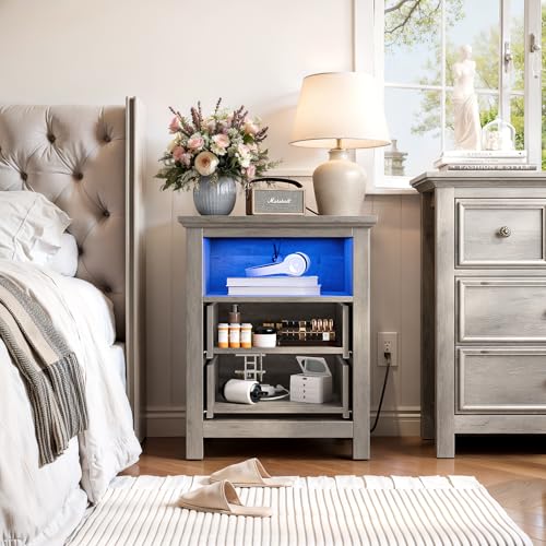 Set of 2 Nightstand with Charger Station Strip Lights