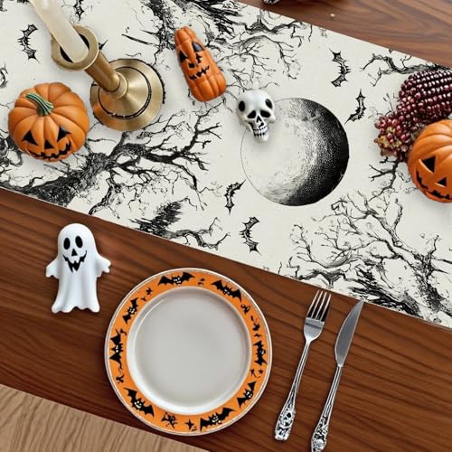 Halloween Table Runner Black Ghost Holiday Burlap Table Decoration Indoor Outdoor Home Decor Party Supply 13 x 120 Inch