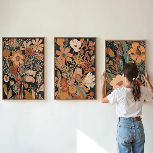 Vintage Burnt Orange Floral Framed Canvas Wall Art Set of 3 (3 Count)