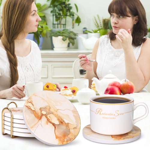 6 Pcs Gold Marble Abstract Ceramic Coasters with Holder for Coffee Table (6 Count)