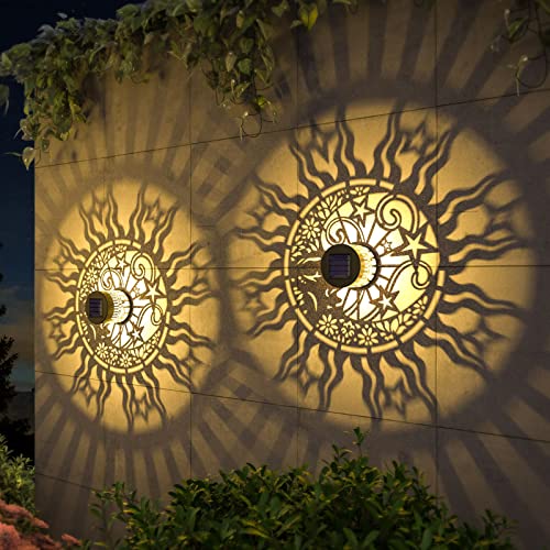 4 Pack Solar Fence Lights Metal Solar Powered Outdoor Wall Deck Lights Sun Moon Theme Waterproof Fence Light for Garden Post Patio Backyard Yard Decor (4 Count)