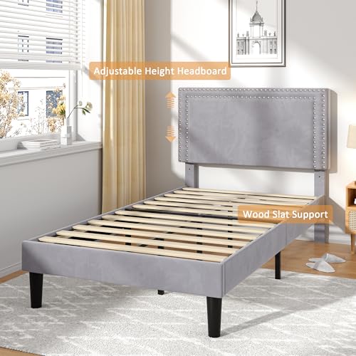 Twin Size Platform Bed Frame with Adjustable Upholstered Headboard