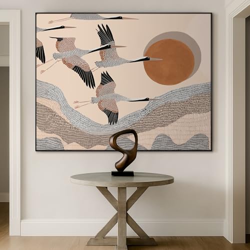 36"x46" Extra Large Framed Wall Art Flying Cranes Over Sunlit Hills Illustration for Home Living Room Bedroom Decor