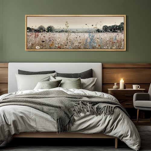 Large Framed Canvas Print Wall Art Wildflower Meadow Landscape Blooming Field Illustrations Antique Retro Fine Art Illustrations Decorative Colorful for Bedroom