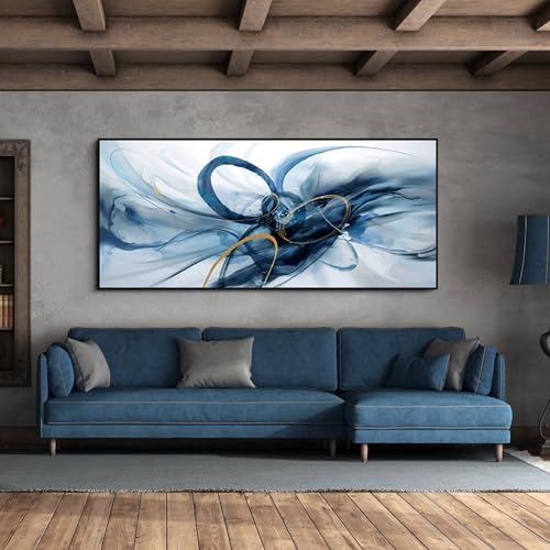 Extra‑Large Abstract Canvas Wall Art Navy Blue and Gold 86x39 Inch