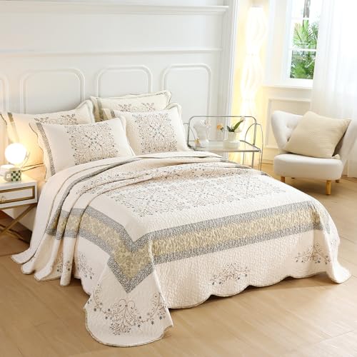Elegant Embroidered Quilt Set Farmhouse Patchwork Oversized Queen Size Reversible Bedspread Coverlet 3 Piece Cotton Quilted Bedding Set for All Season