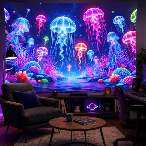 Blacklight Jellyfish Tapestry 59 X 78 Inch UV Reactive