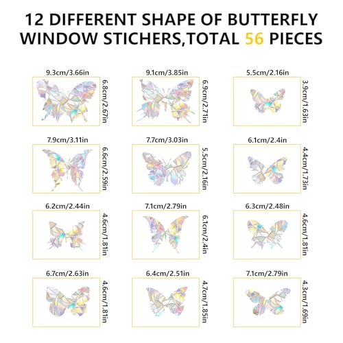 56 Pcs Butterfly Rainbow Prism Window Stickers for Birds (4 Count)