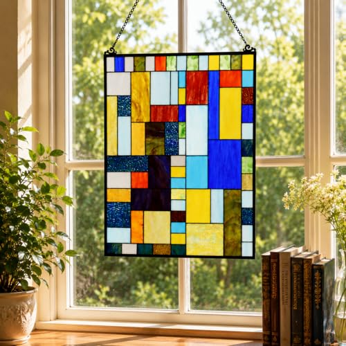 Geometric Color Block Tiffany Style Stained Glass Window Panel with Hanging Chain