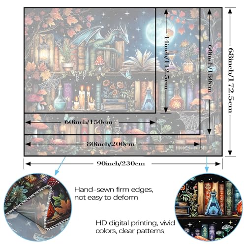 Dragon Bookshelf Tapestry Witchy Mushroom Bookshelf Tapestries Wall Hanging Gothic Medieval Fantasy Moon Dark Academia Book Large Tapestry for Bedroom Living Room Dorm 80 x 60 inch