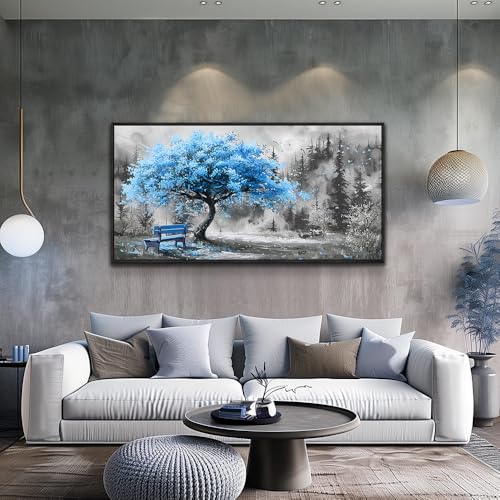 Black Framed Canvas Wall Art For Living Room Wall Decor For Bedroom Office Wall Decoration Blue Tree Landscape Painting Black And White Picture Artwork Room Aesthetic Home Decor 20x40 In