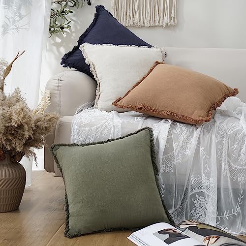 Decorative Linen Fringe Throw Pillow Covers 24×24 Olive Green (2 Count)