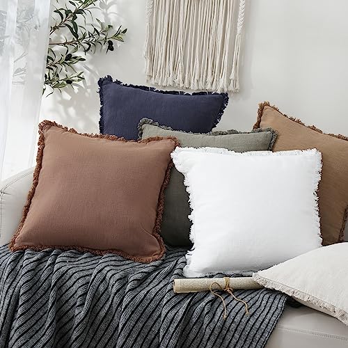 Decorative Linen Fringe Throw Pillow Covers 18×18 Inch (2 Count)