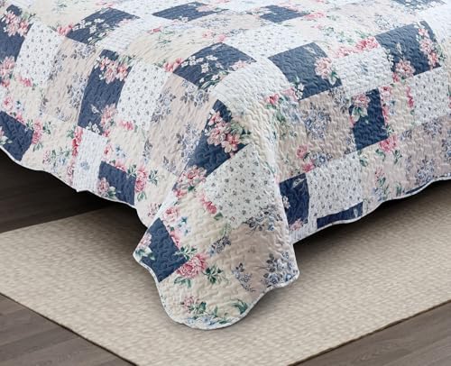 Pink Rose & Blue Toile Patchwork Quilt Set