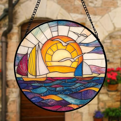 Sunset Sailboat Stained Glass Window Hanging Suncatcher Gifts Decor 7.8"