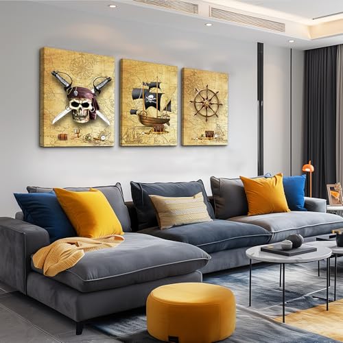 Pirate ship and rudders Canvas Wall Art for Living Room Bedroom Decoration wall painting (3 Count)
