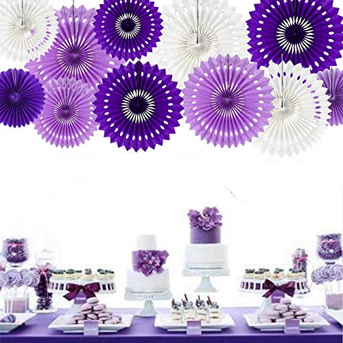 Honeycomb Round Paper Fans Purple White Hanging Party Decoration (9 Count)