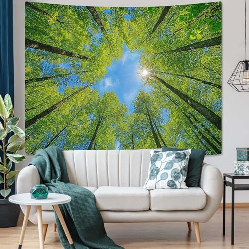 Nature Forest Tree Celling Tapestry Lush Green Treetops Sunlit Tapestry for Bedroom Aesthetic Sky Sunlight Canopy Leaves Landscape Tapestries Wall Hanging for Living Room Dorm Office 60 x 44 Inch