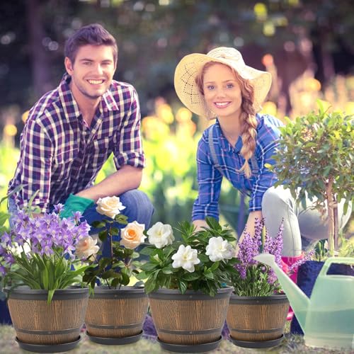 10-inch-Plant-Pots-Indoor-Outdoor, 4 Pack Whiskey Barrel Planters with Drainage Holes & Saucer, Plastic Flower Pots Imitation Wine Barrel Design, Decorative Garden Pots for Plants (4 Count)