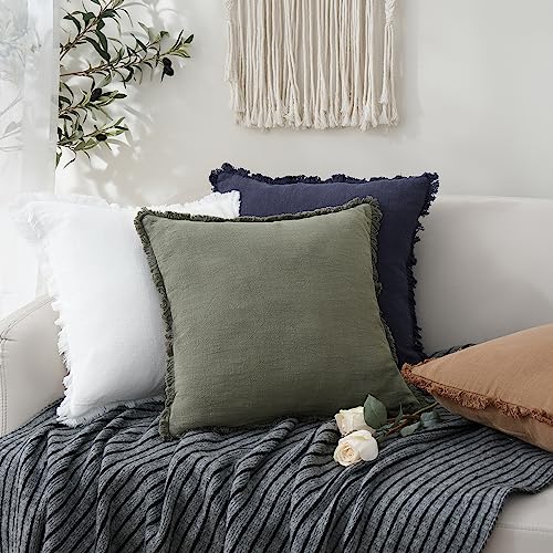 Decorative Linen Fringe Throw Pillow Covers 18×18 Olive Green (2 Count)