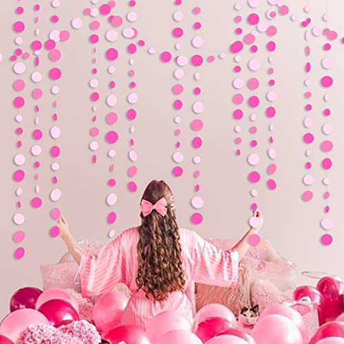 Hot Pink Party Decorations Circle Dots Garland Rose Pink White Hanging Paper Polka Dots Streamer for Birthday Bachelorette Engagement Wedding Bridal Shower Anniversary Party Supplies