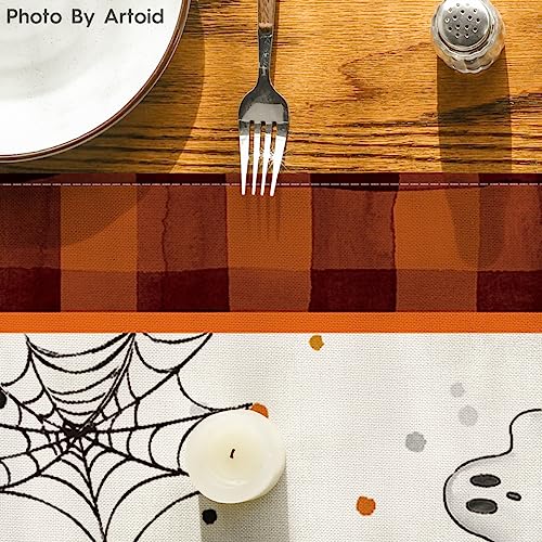 Orange Black Buffalo Plaid Gnome Bat Pumpkin Ghost Halloween Table Runner