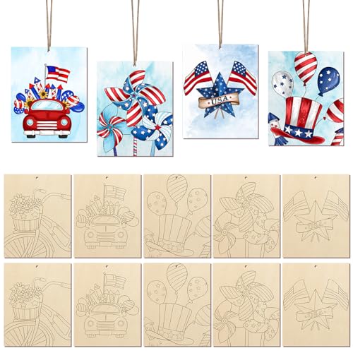 10 Pieces Large 4th of July Unfinished Wood Crafts to Paint for Adults