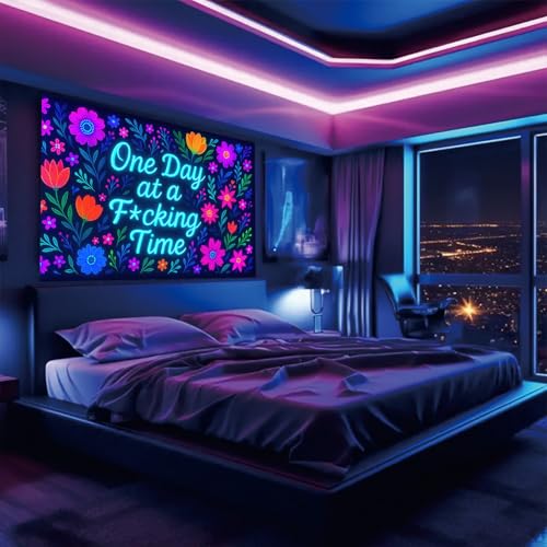 Neon Flowers Blacklight Tapestry UV Reactive Wall Hanging One Day at a F*cking Time for Bedroom Dorm Living Room Glowing Motivational Decor Fluorescent Trippy Poster 78 x 59 Inch