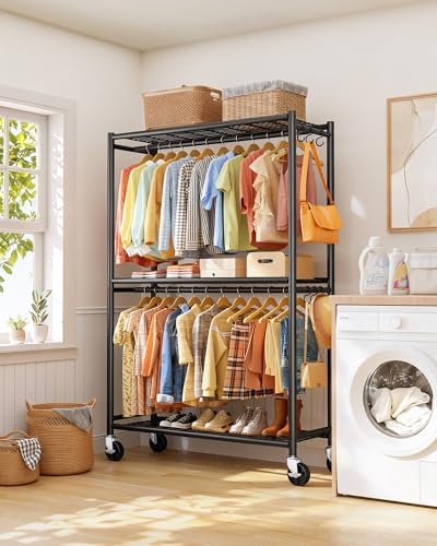 Clothes Rack Double Hanging Rod Clothing Rack with Wheels & Leveling Feet