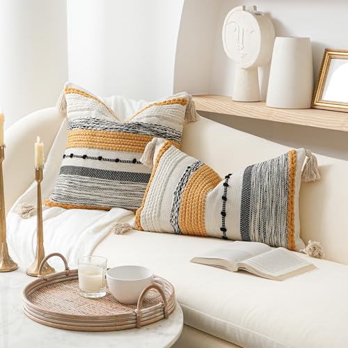 Boho Decorative Throw Pillow Cover 22x22 Square Yellow Mustard Accent Pillowcase Tassels Farmhouse Cushion for Couch Sofa Bedroom Living Room Home Décor Cover ONLY