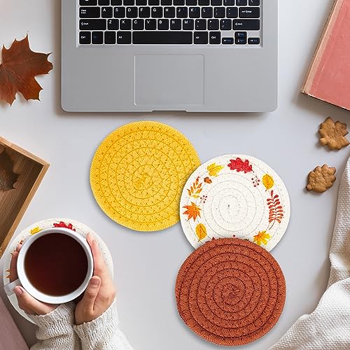 Fall Thanksgiving Coasters Maple Leaves Handmade Braided Cotton Drink Coasters Orange Yellow Non (4 Count)