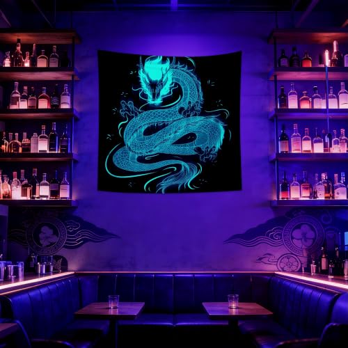 Blacklight Dragon Tapestry Wall Hanging Glow in the Dark Cool Japanese Dragon Backdrop Black Light UV Tapestry for Teen Boys Bedroom Mens Room Wall Decor 59.1" L x 59.1" W