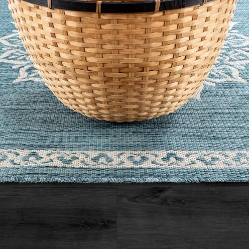 Outdoor Rug 10x14 Medallion Aqua Modern Large Area Rugs for Indoor and Outdoor Patios Kitchen and Hallway Mats Washable Porch Deck Outside Carpet (140 Sq Ft)
