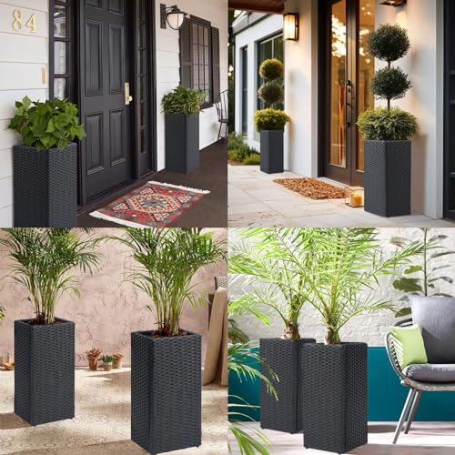 Set of 2 Tall Planters for Outdoor Plants Handmade 24'' Wicker Tall Square Planter Box with Removable Liners Modern Planter for Indoor Outdoor Garden Patio Front Porch (2 Count)