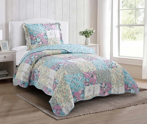Lilac Rose Toile Lively Patchwork Quilt Set