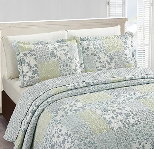 Multi Blue & Beige Floral Patchwork Quilt Set