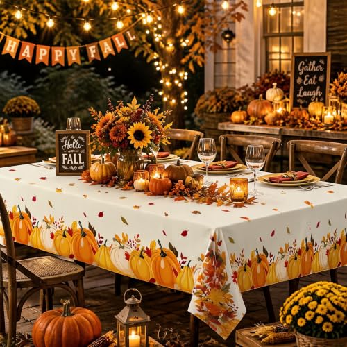 Fall Plastic Tablecloth 12 Packs Thanksgiving Disposable Table Cloth 54x108 Rectangle Table Cover with Pumpkin & Maple Leaf for Holiday Dinner Party Decorations Outdoor Picnic & Baby Showers