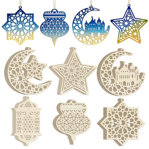 36PCS Wooden Ramadan Decorations Eid Islam Mubarak Ornaments Mubarak Hanging Hollow Pendant to Paint (36 Count)