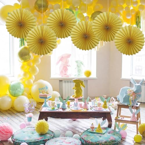 Yellow Birthday Decorations Yellow Hanging Paper Fans Set DIY 6 Pcs (6 Count)