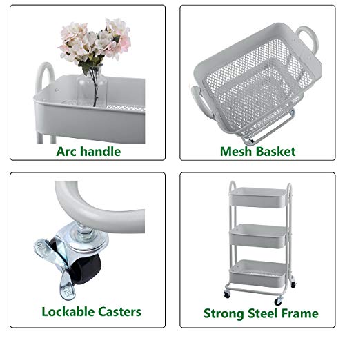 3 Tier Metal Mesh Utility Rolling Cart Storage Organization Cart with Wheels (3 Count)