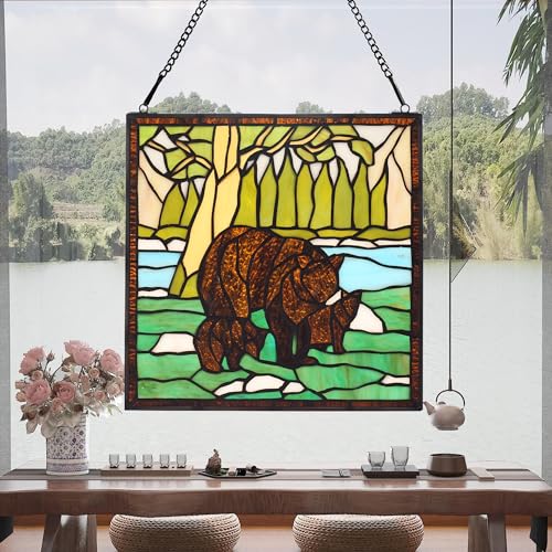 Stained Glass Window Hanging 12" Square Tiffany Animal Style Brown Bears Suncatcher Wall Decor Art Panel Includes 20" Chain and Hooks The Perfect Housewarming Gift