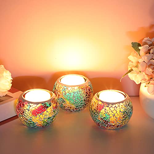 3PCS Mosaic Glass Tea Light Holders Round Bowl Votive Candle Holders