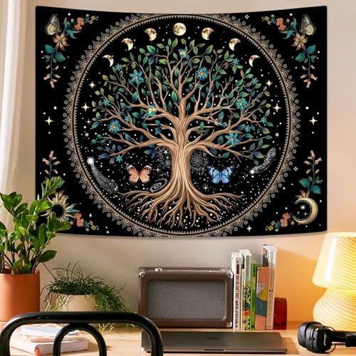 Tree of Life Tapastry Sun and Moon Tapastry Flower Boho Tree Mandala Wall Hanging for Bedroom and Living Room Decor Green Tree 44×60 Inches