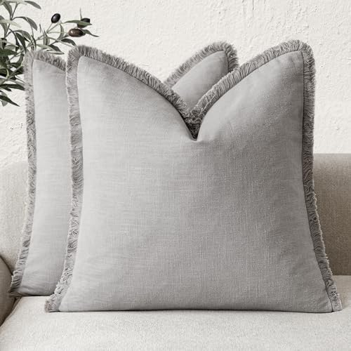 Decorative Linen Fringe Throw Pillow Covers 24×24 Light Gray (2 Count)