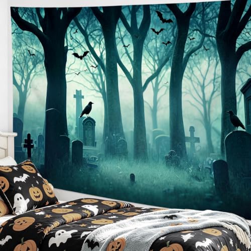 Halloween Forest Tapestry Spooky Cemetery Bat Wall Decor 92.5Wx70.9L