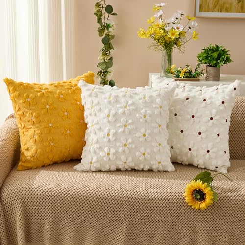 Spring Summer Pillow Covers 18x18 inch Set of 2 White Daisy (2 Count)
