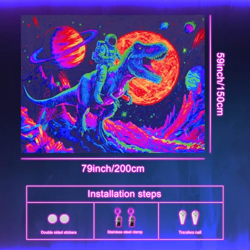 Blacklight Tapestry Dinosaur Astronaut Wall Art 78 x 59 Inch