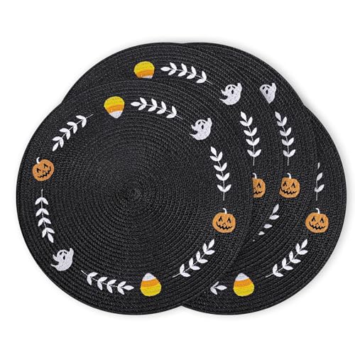 4 Pcs Round Halloween Placemats Embroidered Ghost Pumpkin Candy Corn Place Mats Black Spooky Dinner Table Mats for Halloween Holiday Trick or Treat Party Table Decor (4 Count)